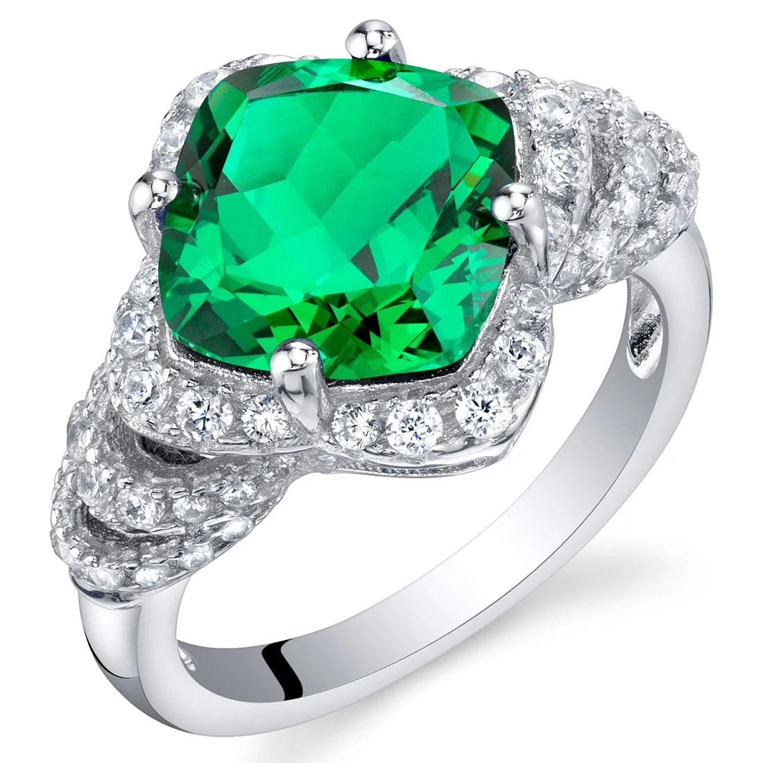 Emerald Cushion Cut Sterling Silver Ring Size 8