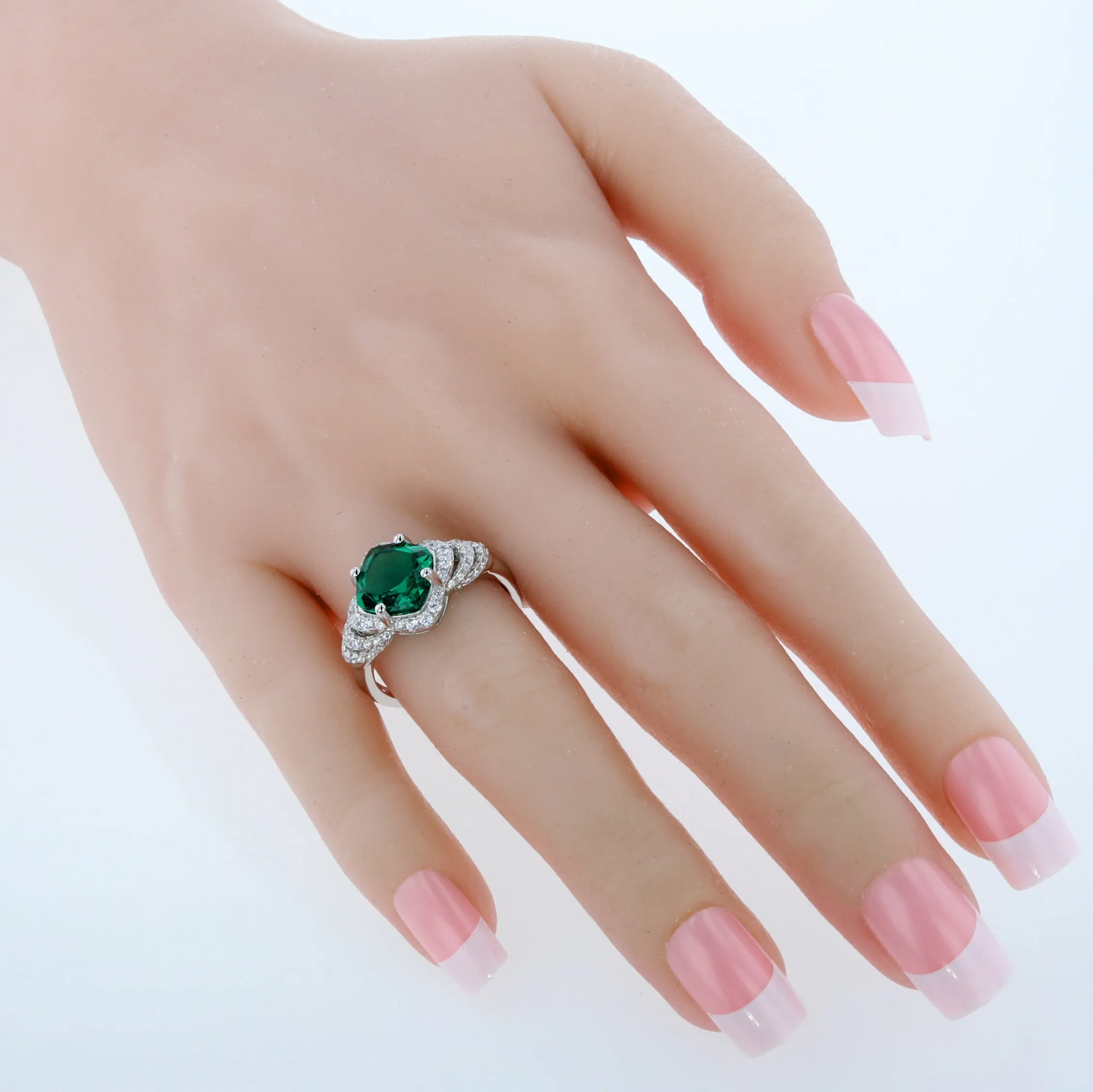 Emerald Cushion Cut Sterling Silver Ring Size 8