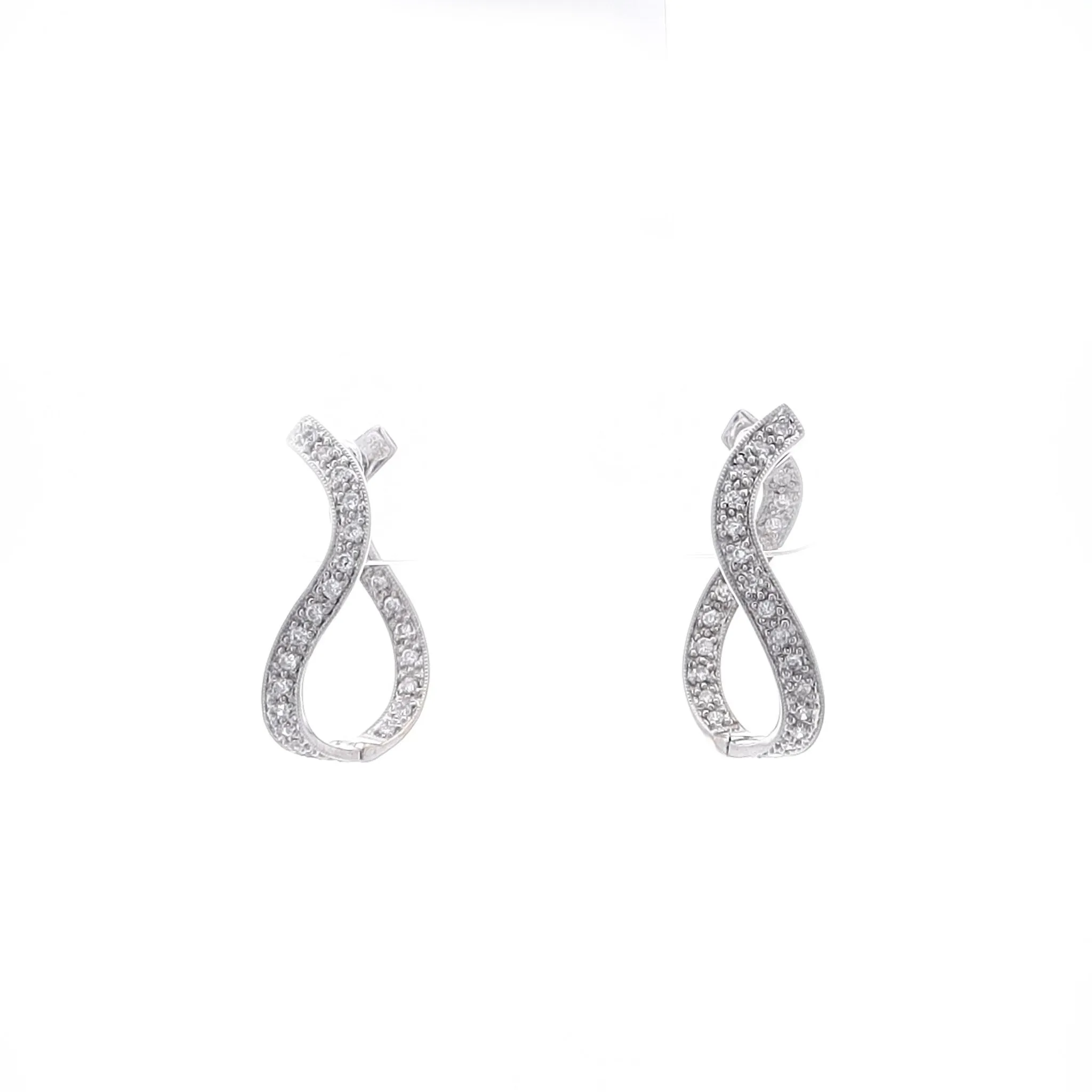 Estate 14k White Gold Milgrain Wavy Diamond Inside/Out Hoop Earrings