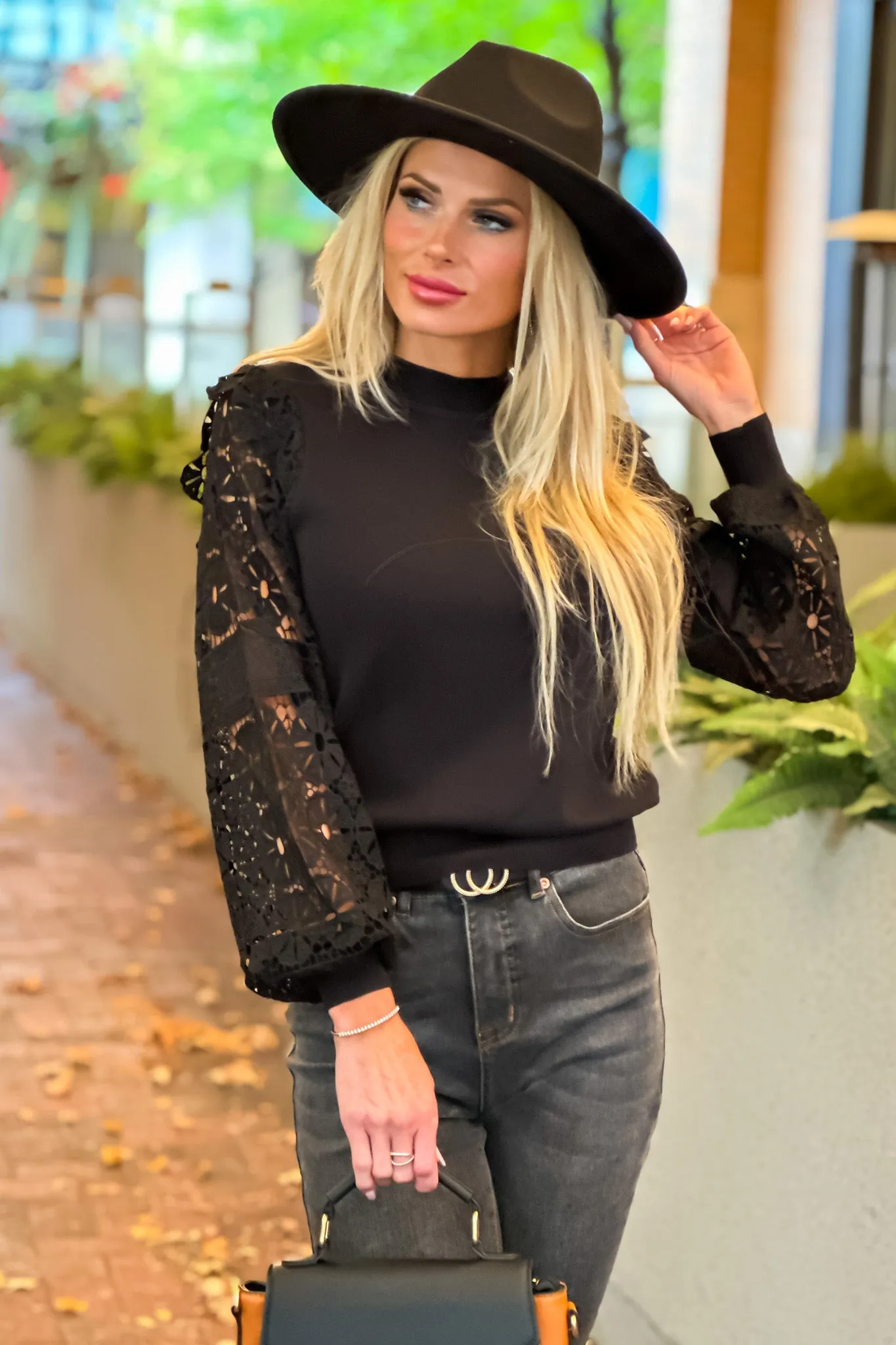 Finding Romance Floral Lace Contrast Sleeve Sweater : Black