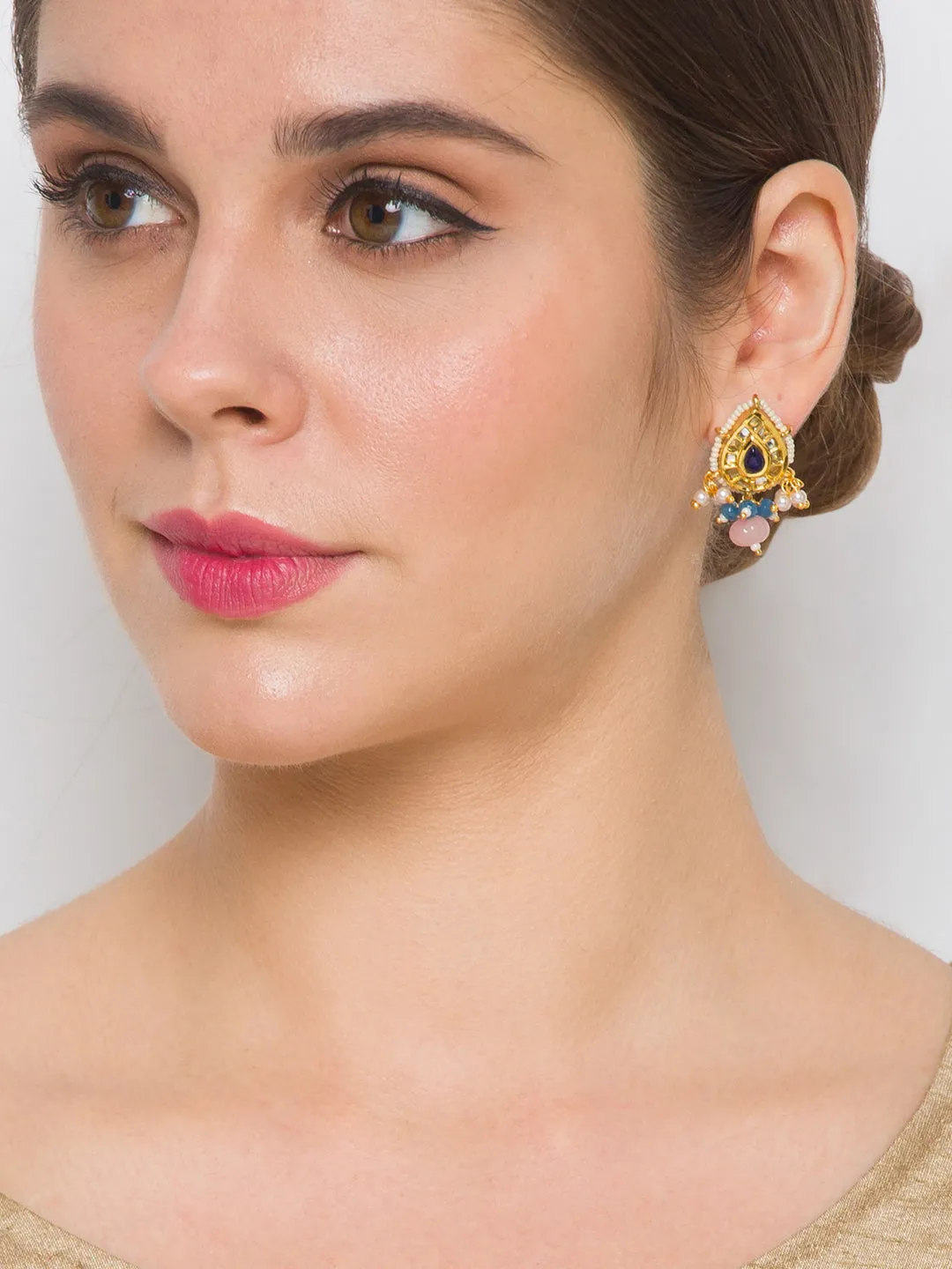 Golden, Blue and Light Pink Kundan Earrings with Onyx