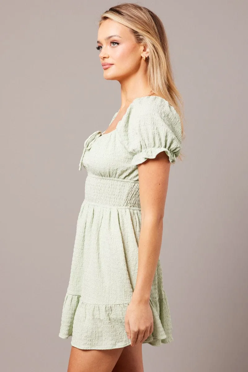 Green Fit And Flare Dress Puff Sleeve Textured fabric