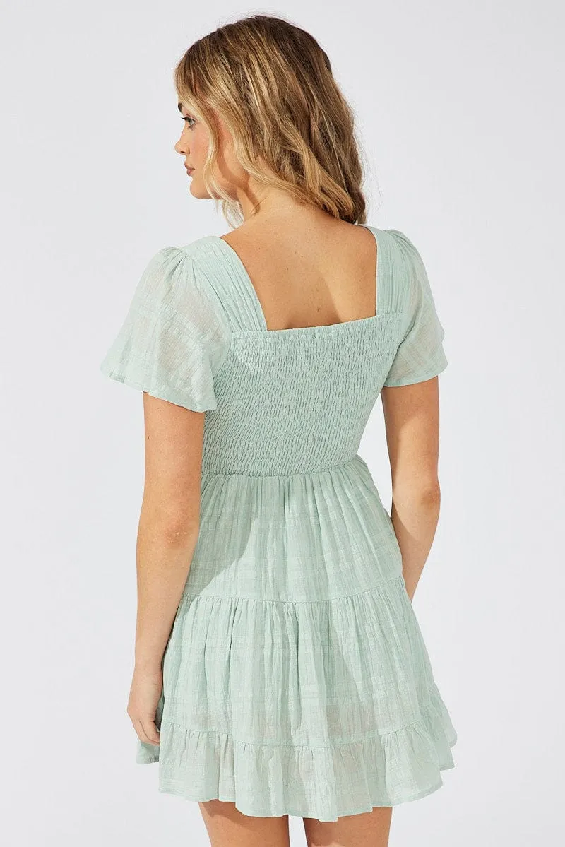 Green Fit And Flare Dress V-neck Mini