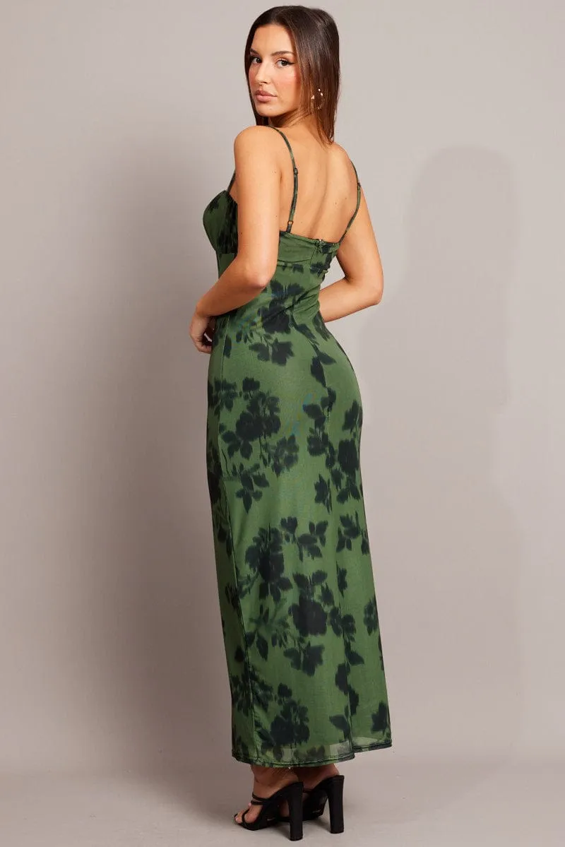 Green Floral Bodycon Dress Singlet Midi