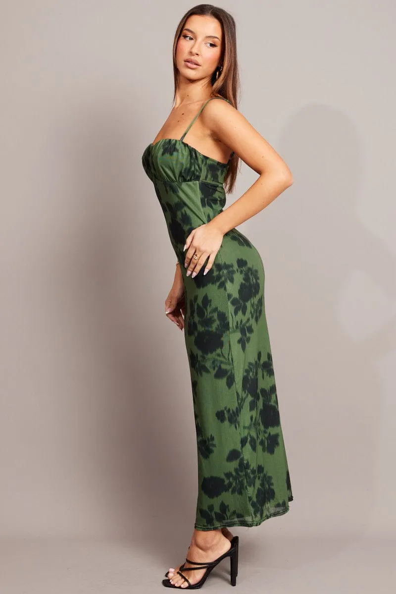 Green Floral Bodycon Dress Singlet Midi