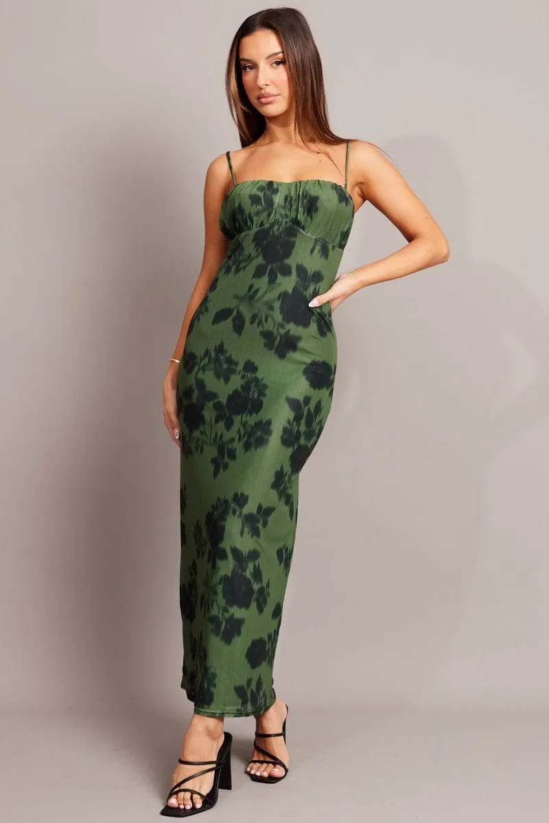 Green Floral Bodycon Dress Singlet Midi