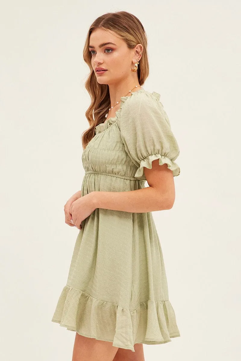 Green Gathered Bust Skater Dress