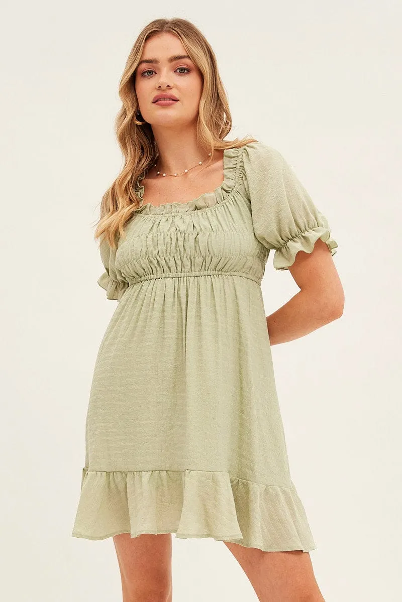 Green Gathered Bust Skater Dress