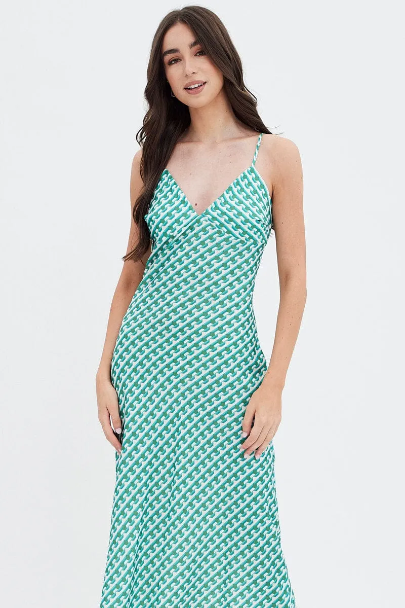 Green Geo Midi Dress V-Neck Sleeveless