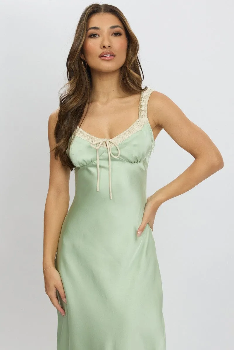 Green Midi Dress Elasticated Shoulder Strap Satin