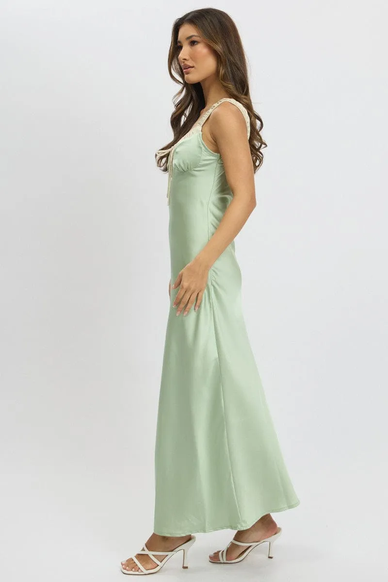 Green Midi Dress Elasticated Shoulder Strap Satin