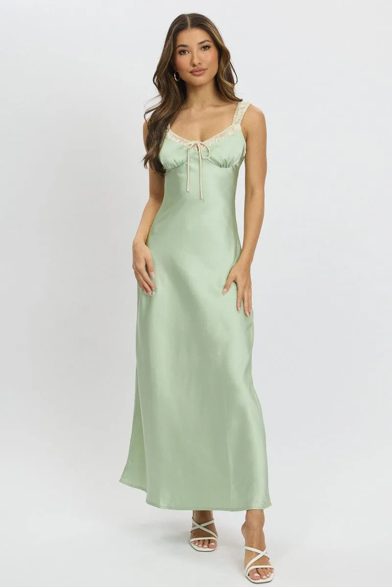 Green Midi Dress Elasticated Shoulder Strap Satin