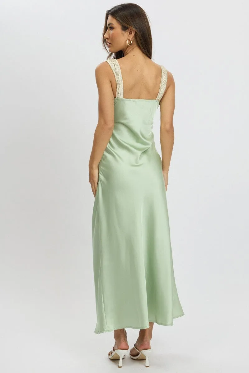 Green Midi Dress Elasticated Shoulder Strap Satin