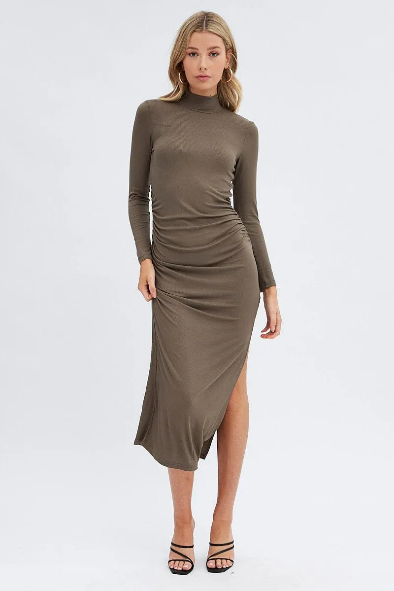 Green Midi Dress Long Sleeve High Neck Rib Jersey