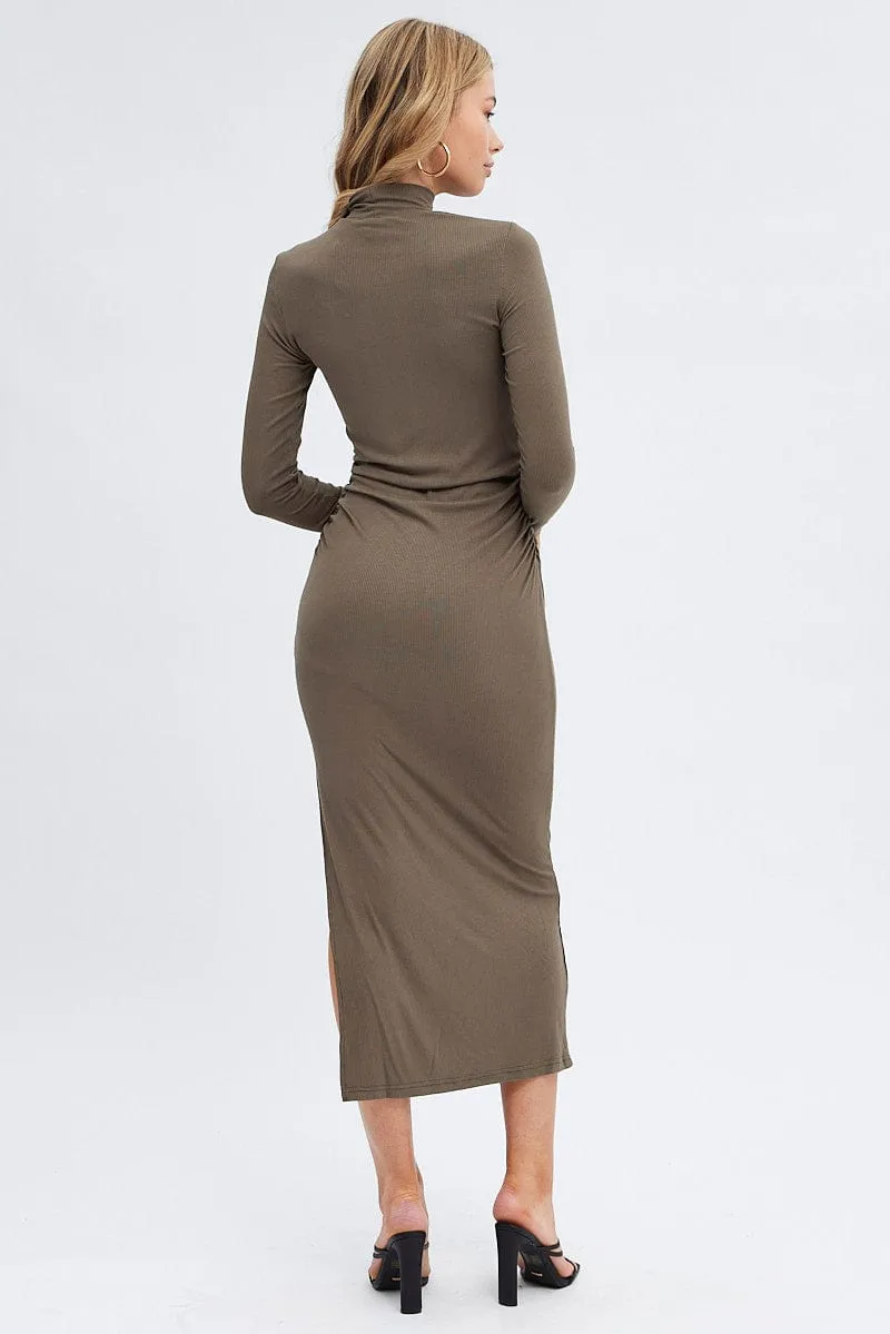 Green Midi Dress Long Sleeve High Neck Rib Jersey