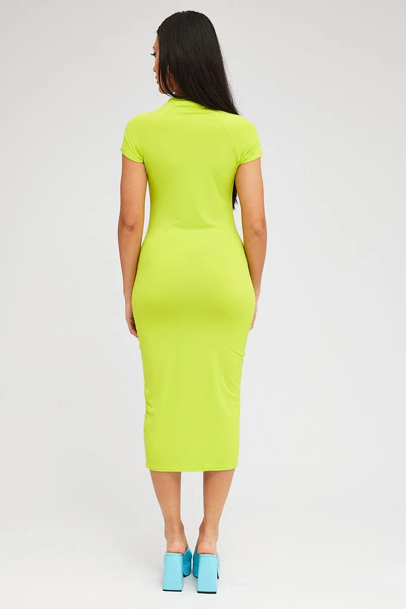 Green Midi Dress Short Sleeve Crew Neck Bodycon Graphic