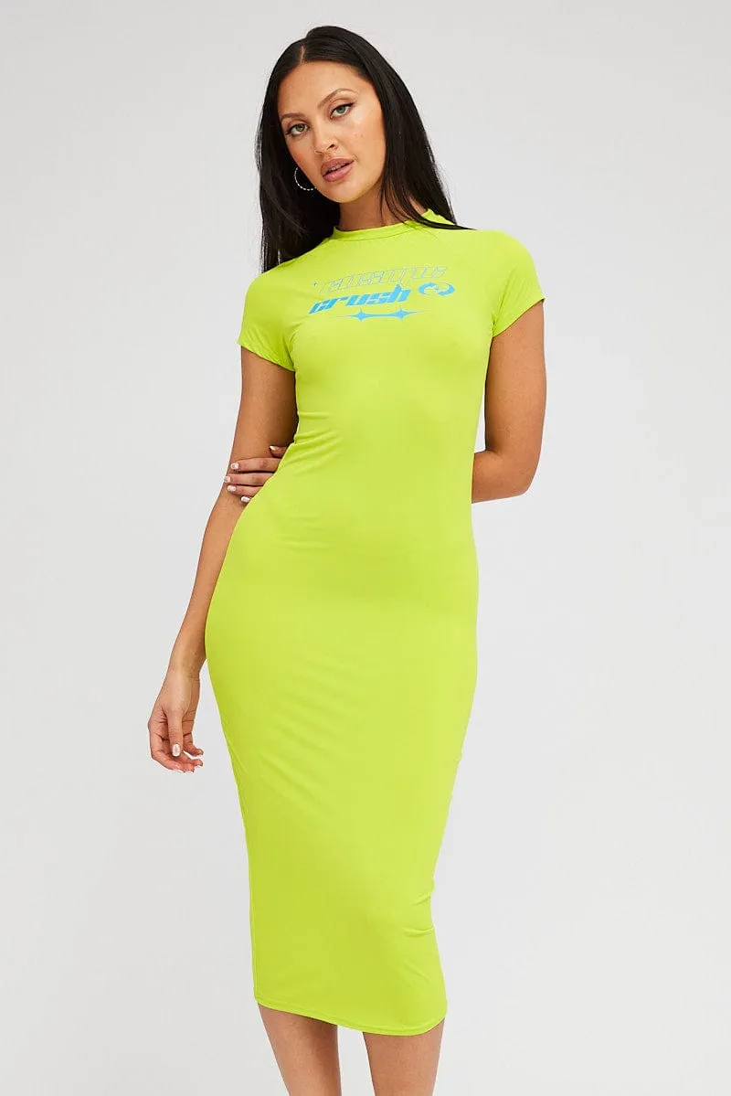 Green Midi Dress Short Sleeve Crew Neck Bodycon Graphic