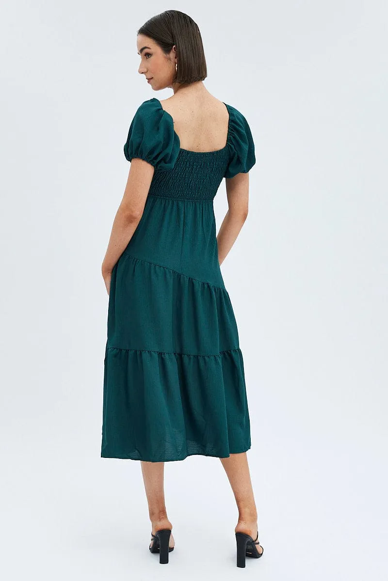 Green Midi Dress Short Sleeve Cut Out