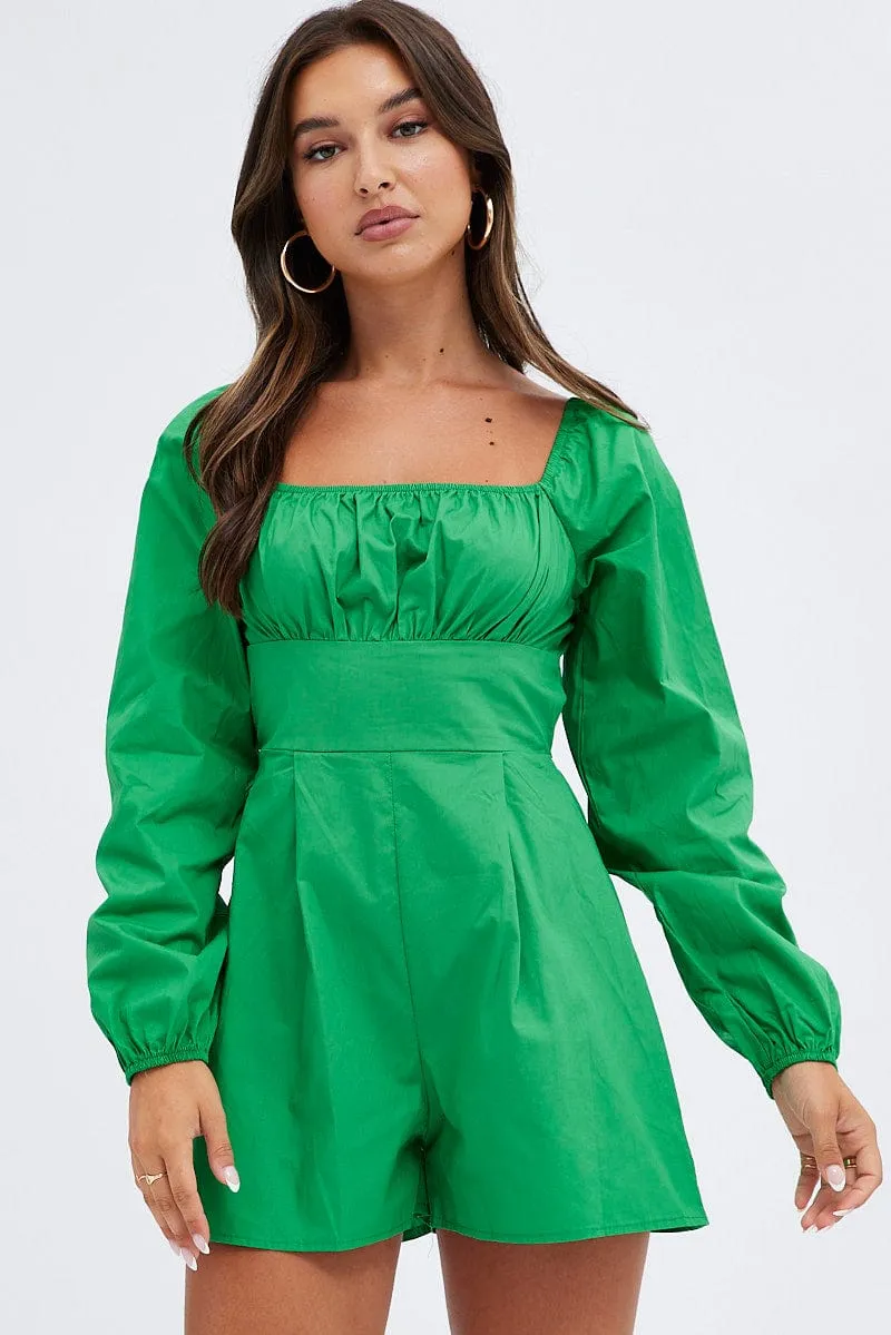 Green Poplin Playsuit Long Sleeve Tie Back