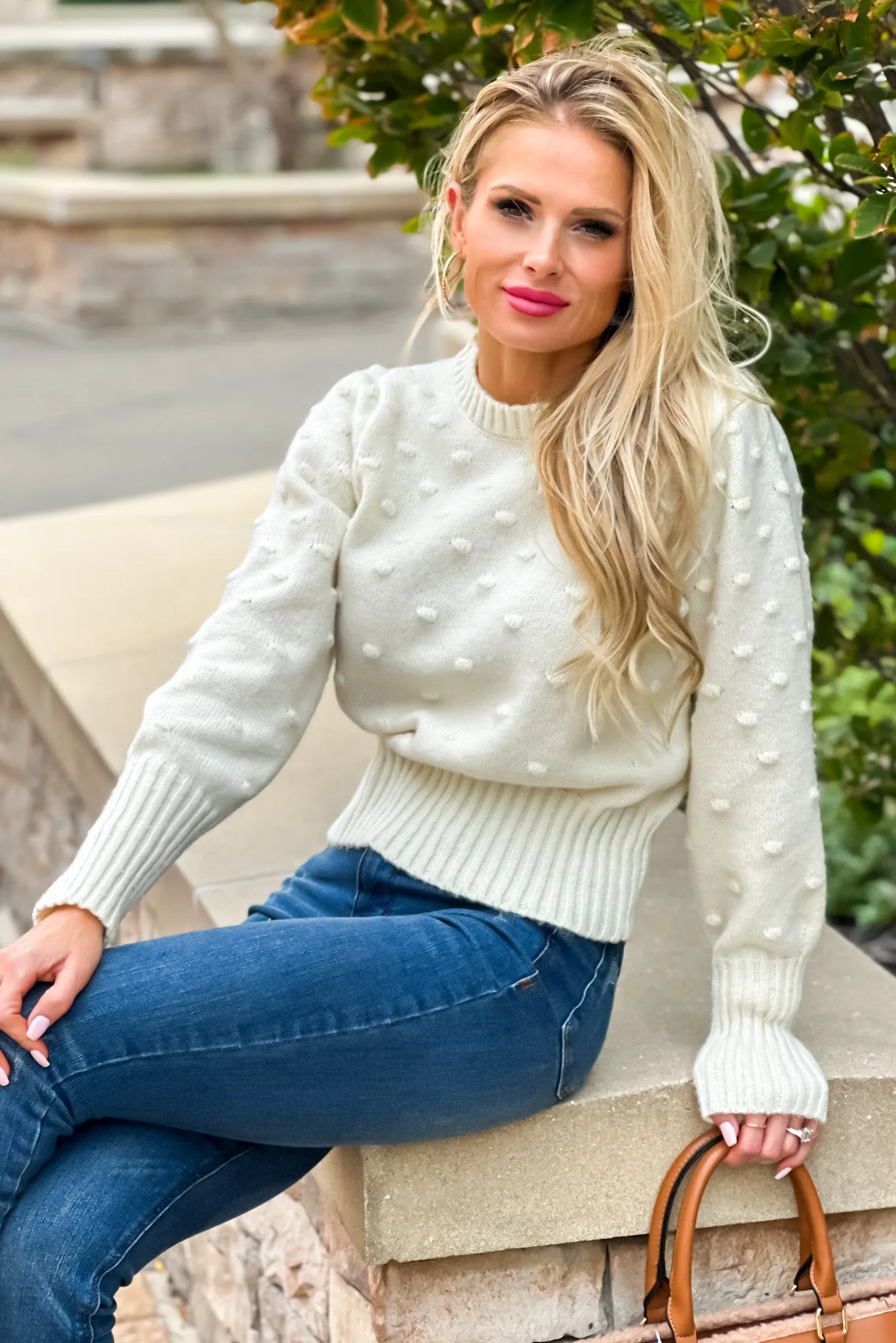 Happy Attitude Dotted Puff Sleeve Sweater : Ivory no