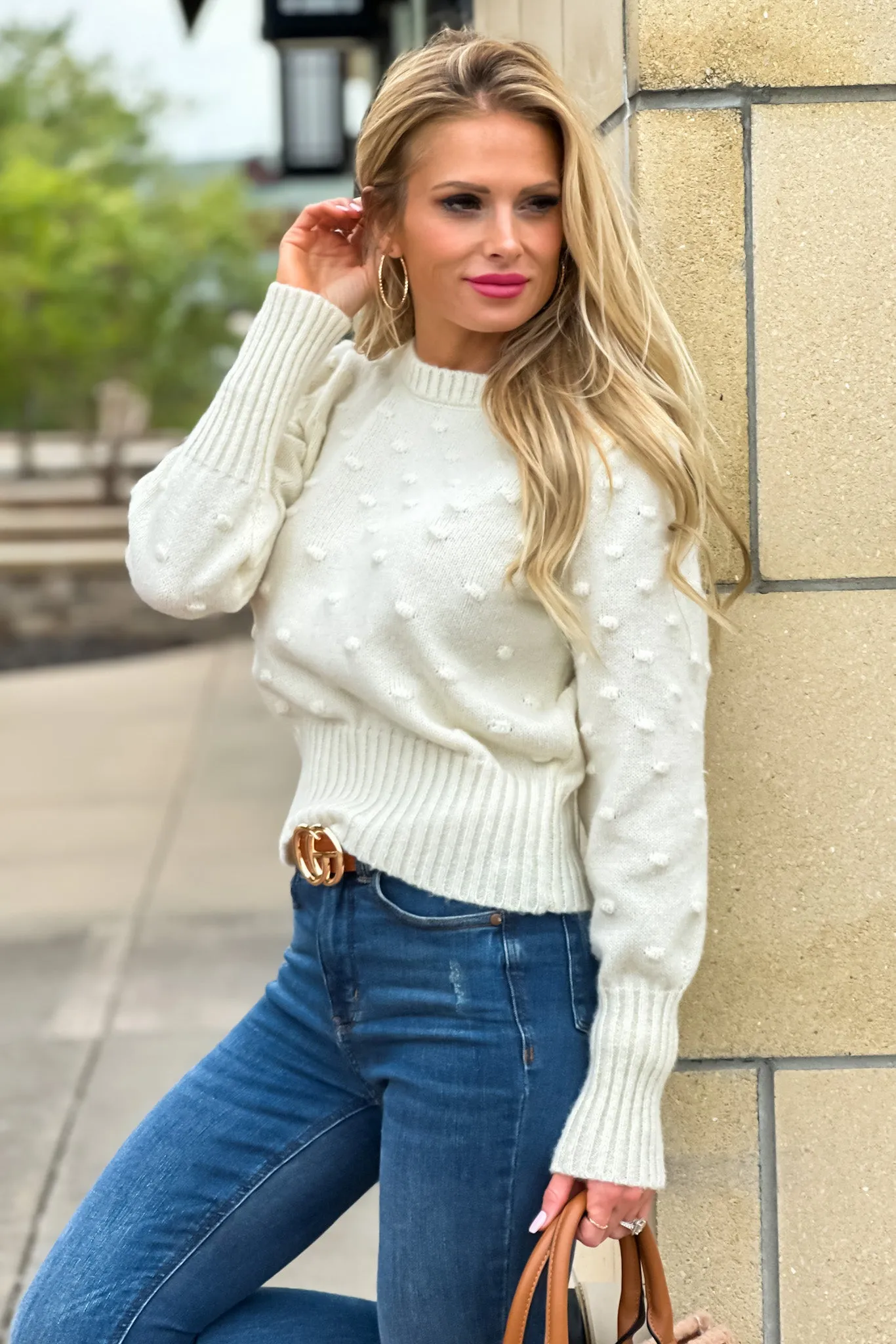 Happy Attitude Dotted Puff Sleeve Sweater : Ivory no