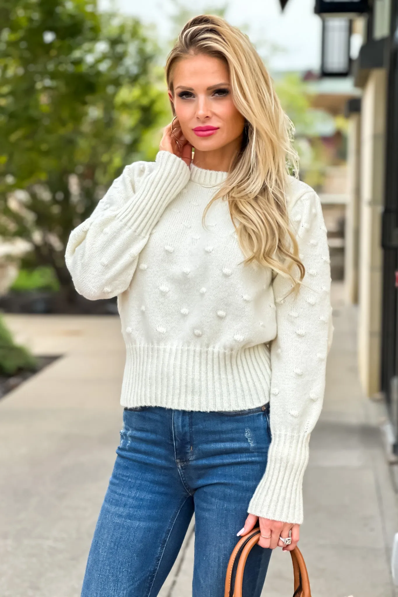 Happy Attitude Dotted Puff Sleeve Sweater : Ivory no