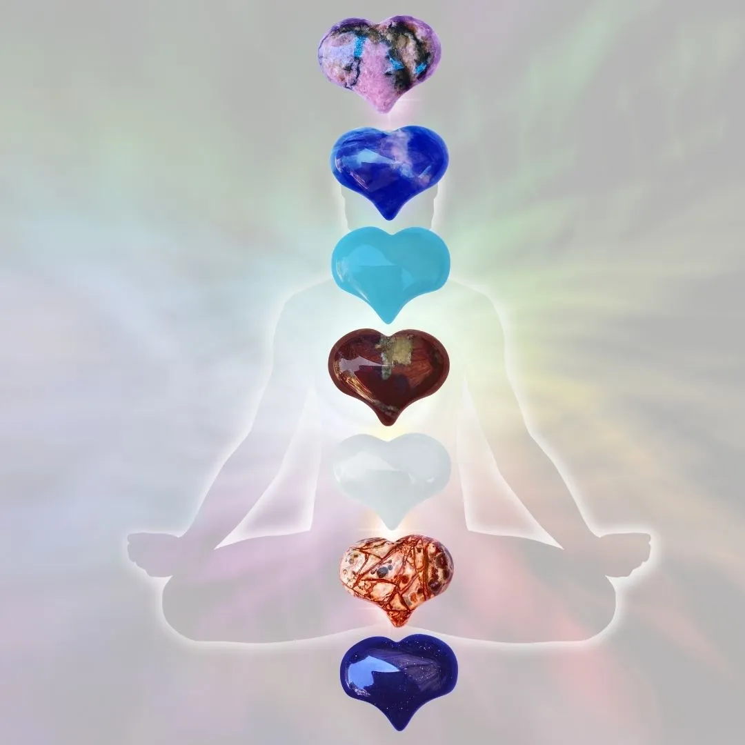 Heart Shaped Healing Gemstones Corresponding with the Seven Chakras