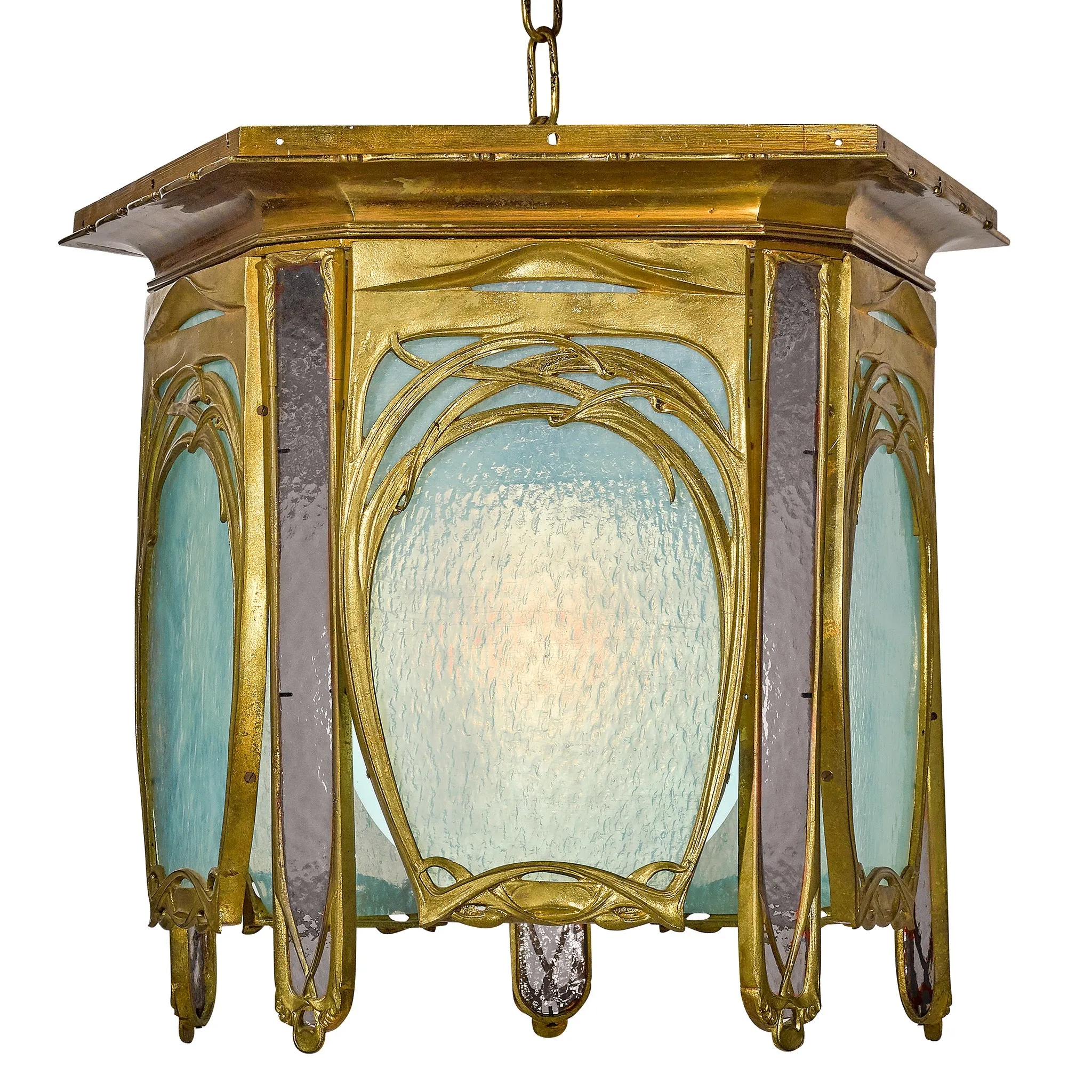 Hector Guimard Gilt Bronze and Glass Lantern Chandelier