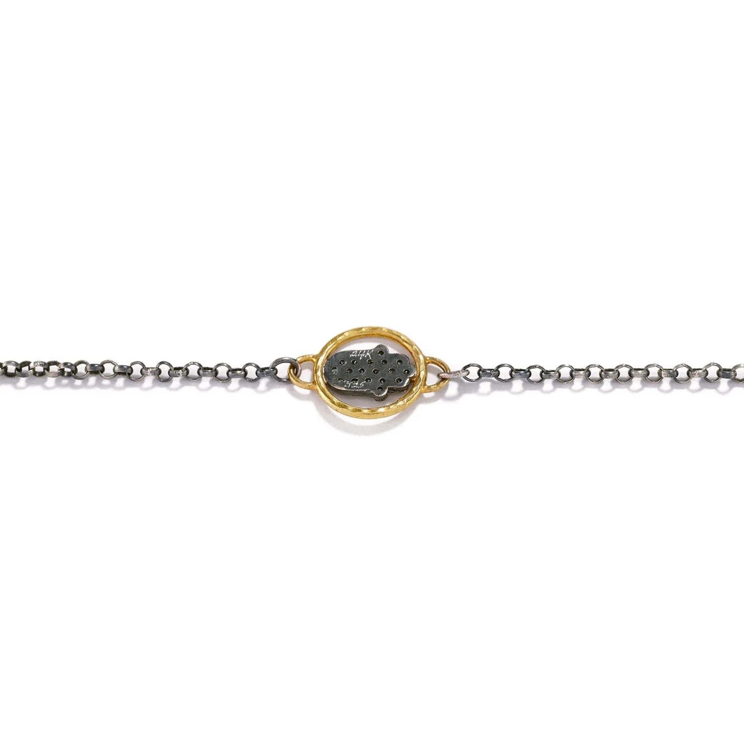 Horizontal Silver & Diamond Hand in Gold Bracelet