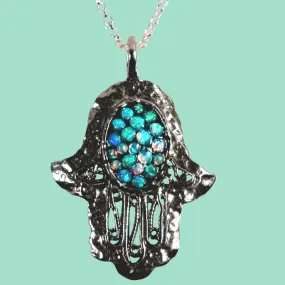 Israeli jewelry Blue Opals sterling silver hamsa necklace