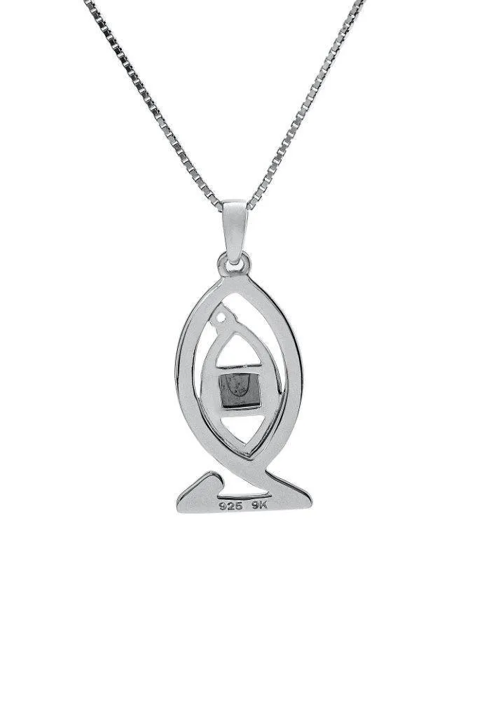 Jerusalem Nano Bible Ichthys Pendant Necklace Silver 925 Gold 9K with Blue Topaz from Holy Land