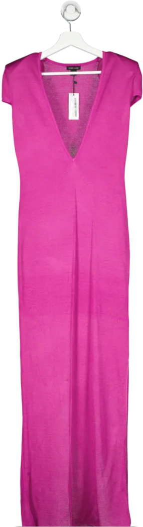 Karen Millen Pink Plunge V Neck Power Shoulder Slinky Knit Maxi Dress UK XS