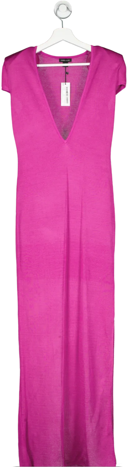 Karen Millen Pink Plunge V Neck Power Shoulder Slinky Knit Maxi Dress UK XS