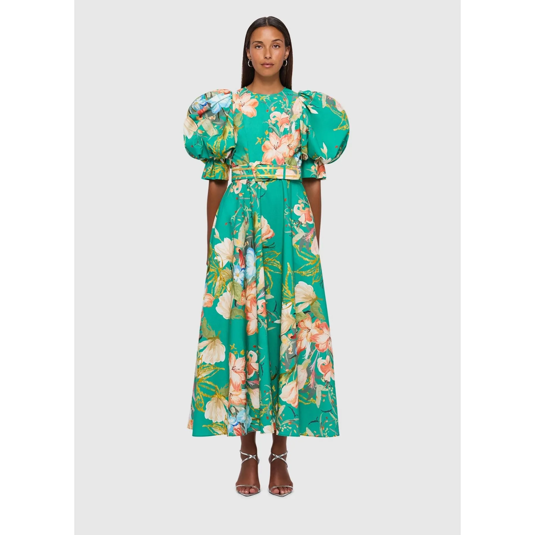 Leo Lin Maxima Puff Sleeve Midi Dress - Opulent Print in Verdant