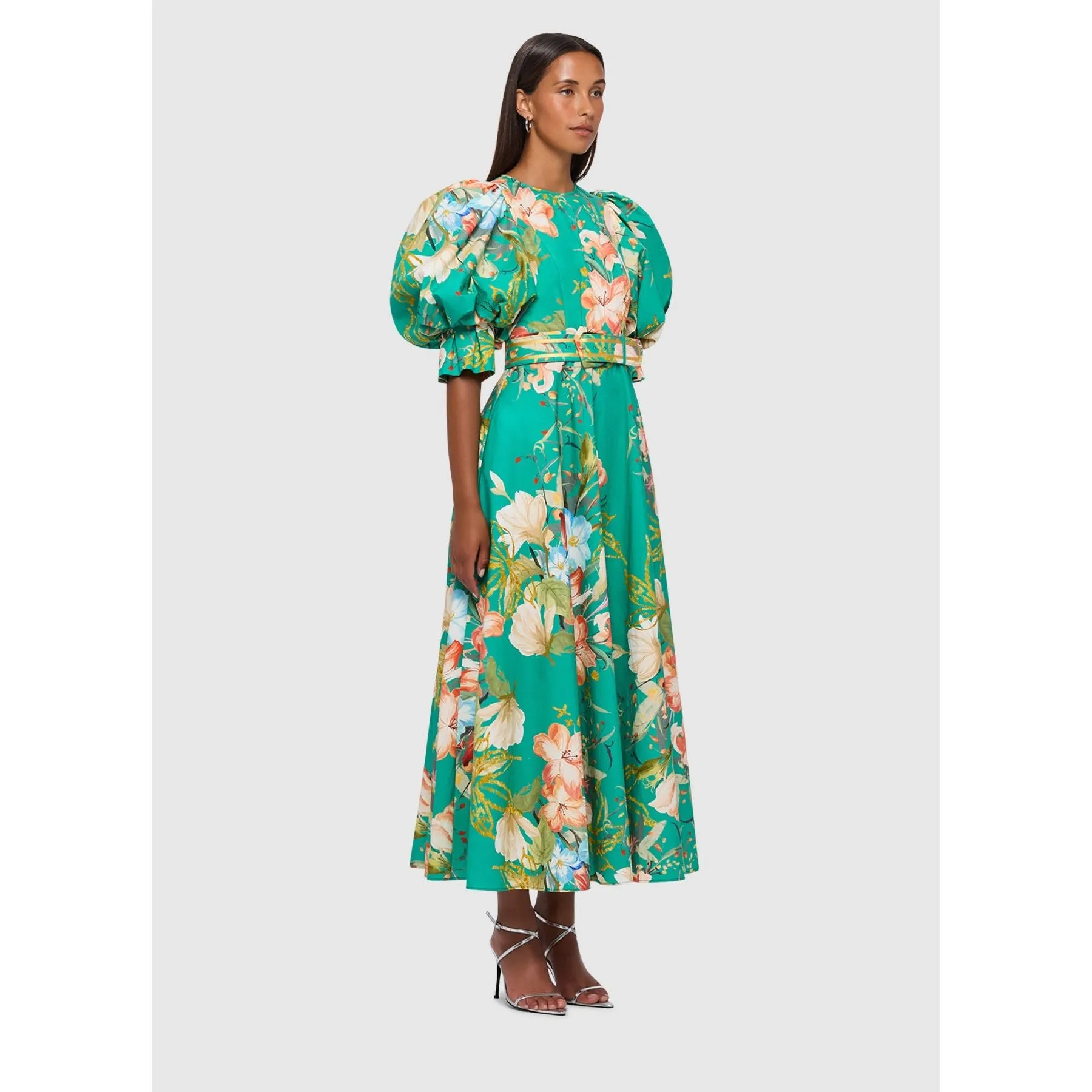 Leo Lin Maxima Puff Sleeve Midi Dress - Opulent Print in Verdant