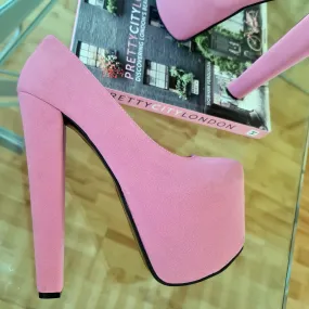 Light Pink Suede Chunky Heel Pumps