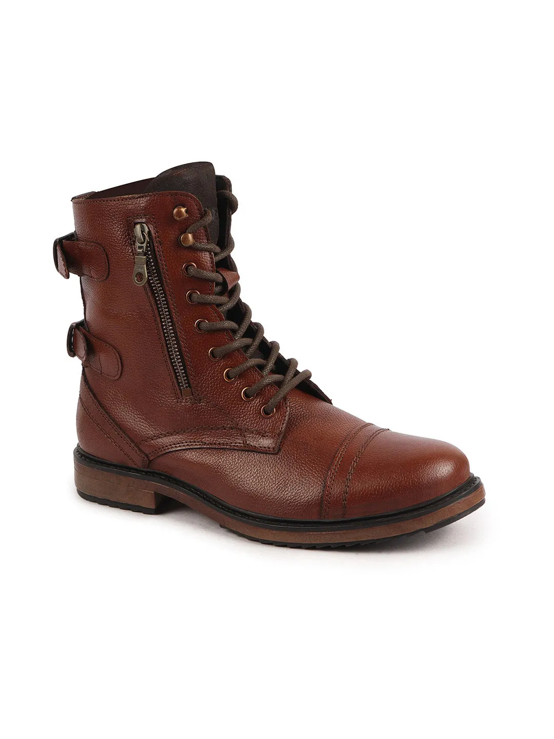 Men Tan High Ankle Genuine Leather Hook and 7-Eye Lace Up Side Zipper Adjustable Buckle Strap Cap Toe Anti Skid Sole Flat Boots