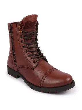 Men Tan High Top Genuine Leather Hook and 7-Eye Lace Up Side Zipper Cap Toe Classic Flat Boots