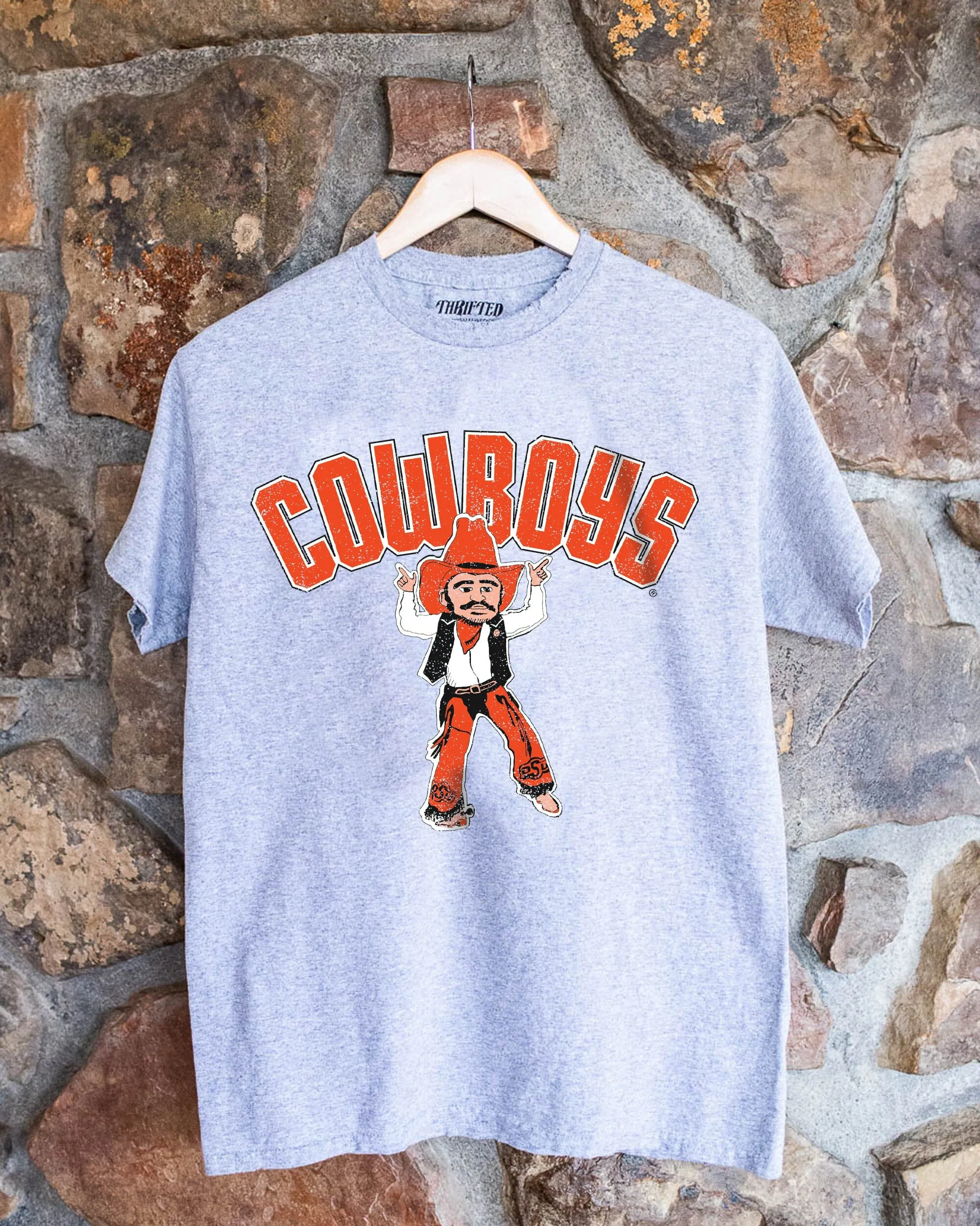 OSU Cowboys Cartoon Mascot Puff Ink Gray Thrifted Tee