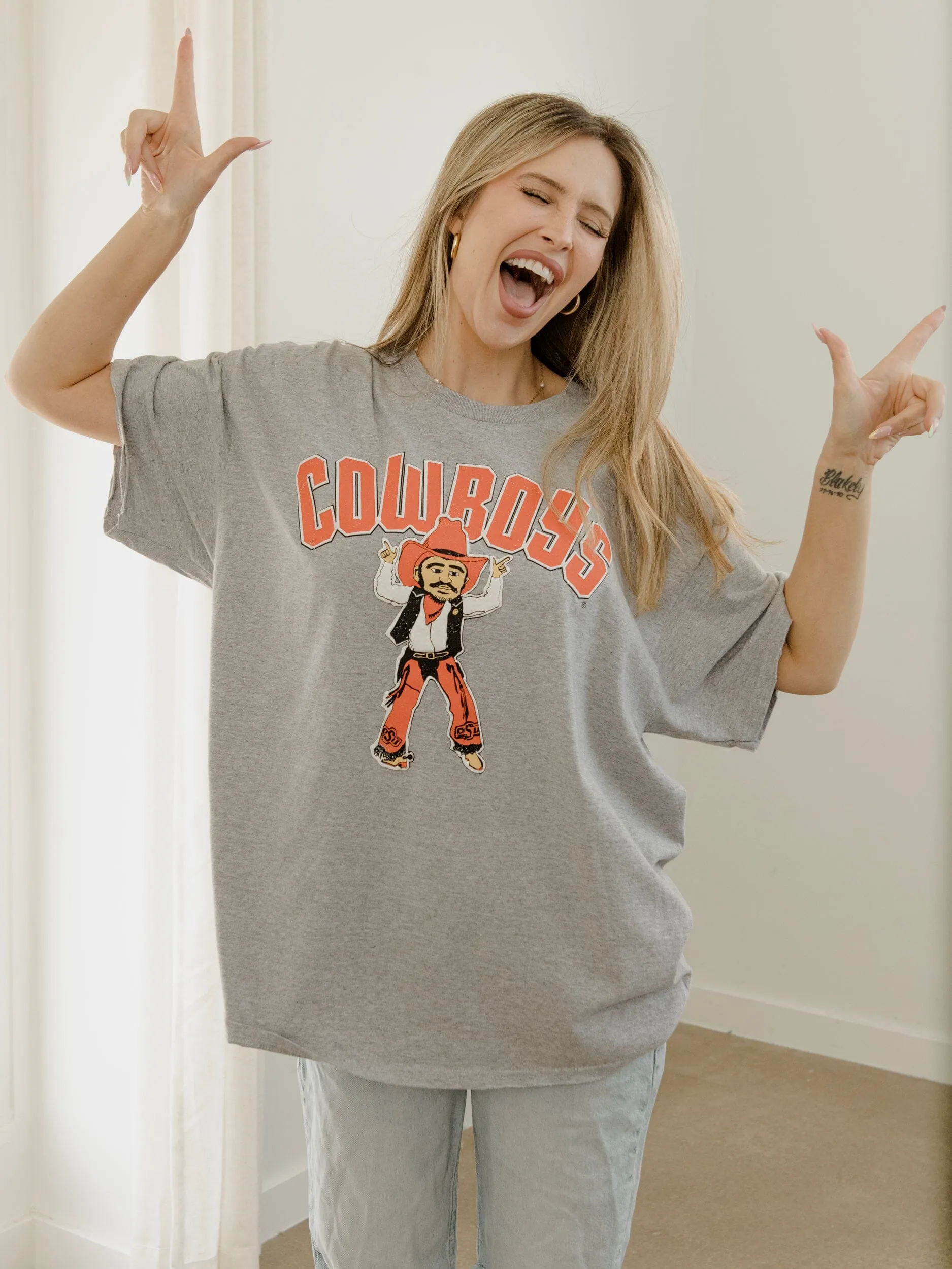 OSU Cowboys Cartoon Mascot Puff Ink Gray Thrifted Tee