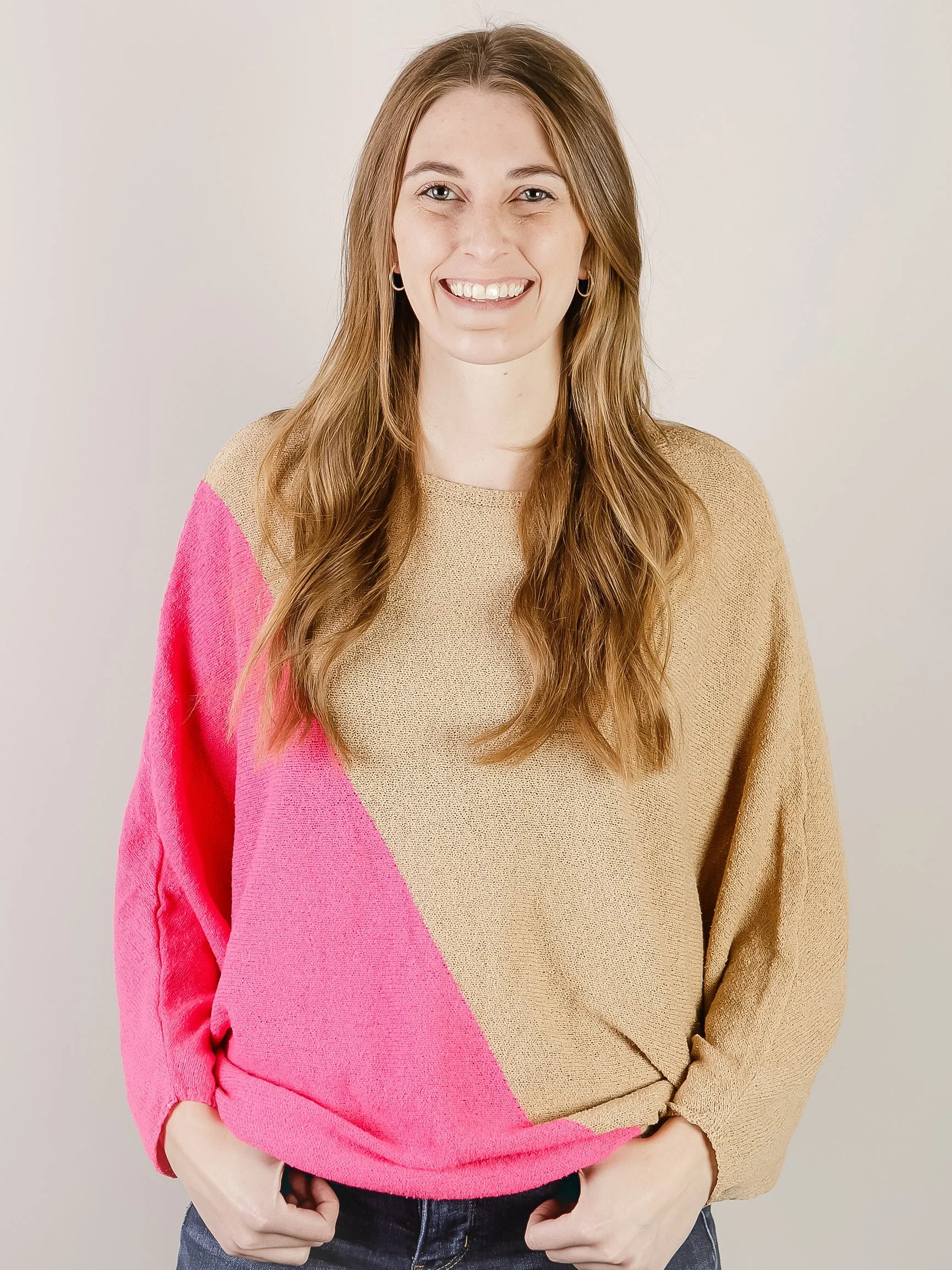 Pink and Tan Colorblock Sweater