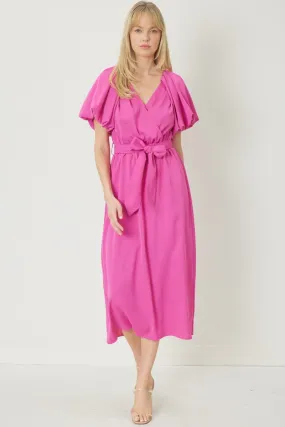 Pink Bubble Sleeve Midi Dress