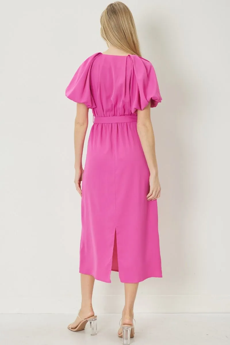 Pink Bubble Sleeve Midi Dress