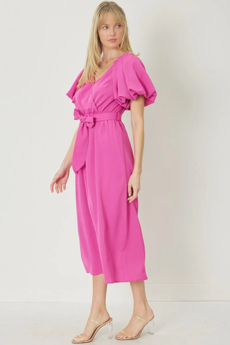 Pink Bubble Sleeve Midi Dress