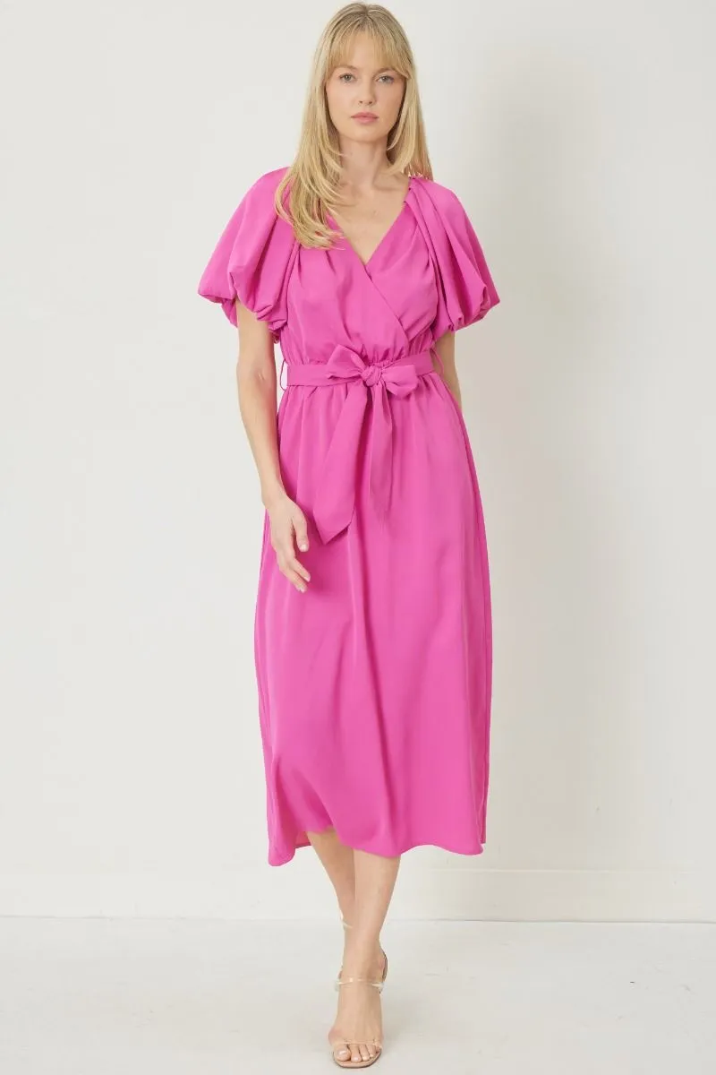 Pink Bubble Sleeve Midi Dress