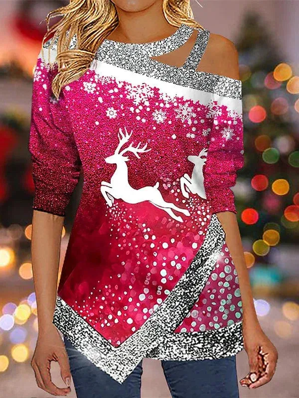 Reindeer Snowflake Print Long Sleeve Women's Shirt