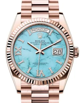 ROLEX DAY-DATE 36 PRESIDENT ROSE GOLD TURQUOISE TIFFANY DIAMOND DIAL FLUTED BEZEL 128235 WITH PRESIDENT ROSE GOLD OYSTER BRACELET