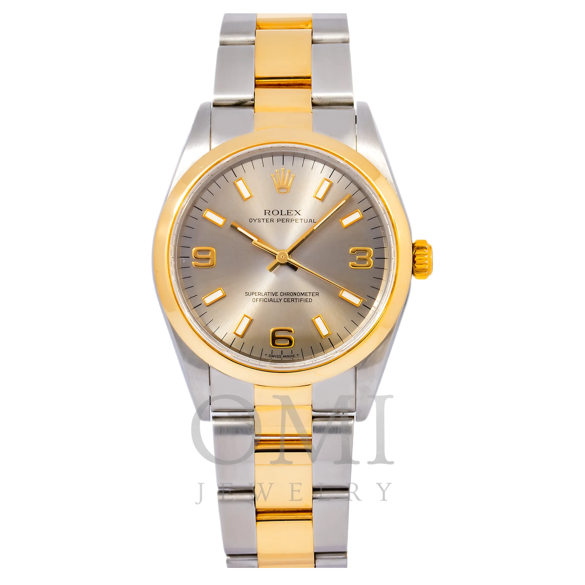 ROLEX OYSTER PERPETUAL DATE 14203 34MM CHAMPAGNE SEMI NUMERALS DIAL AND TWO-TONE OYSTER BRACELET