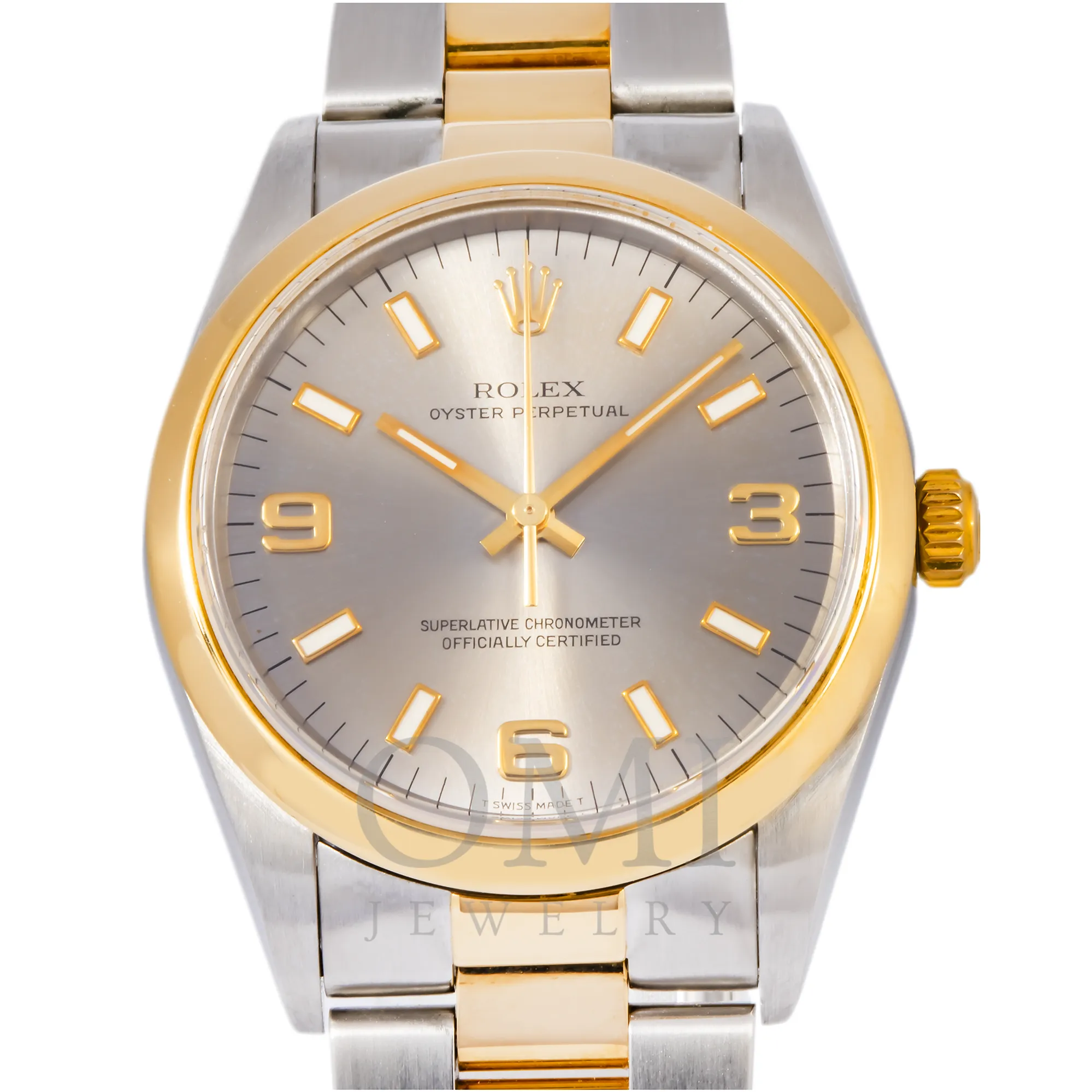 ROLEX OYSTER PERPETUAL DATE 14203 34MM CHAMPAGNE SEMI NUMERALS DIAL AND TWO-TONE OYSTER BRACELET