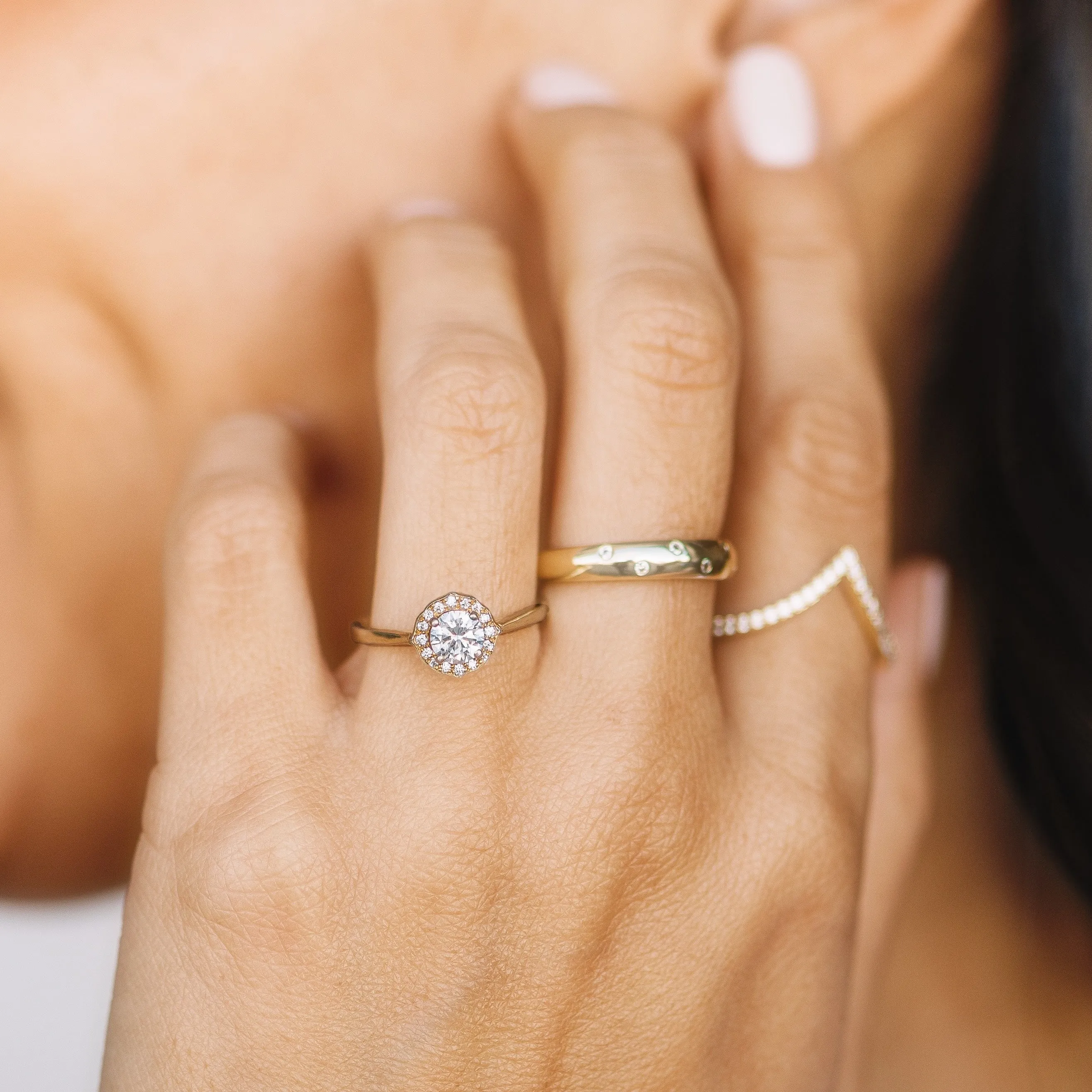 Round Diamond and Scalloped Halo Engagement Ring